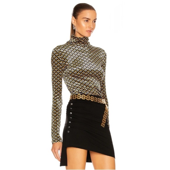 Paco Rabanne Navy Blue Yellow Velvet Velour Printed Turtleneck Mock Neck Top - Picture 2 of 13